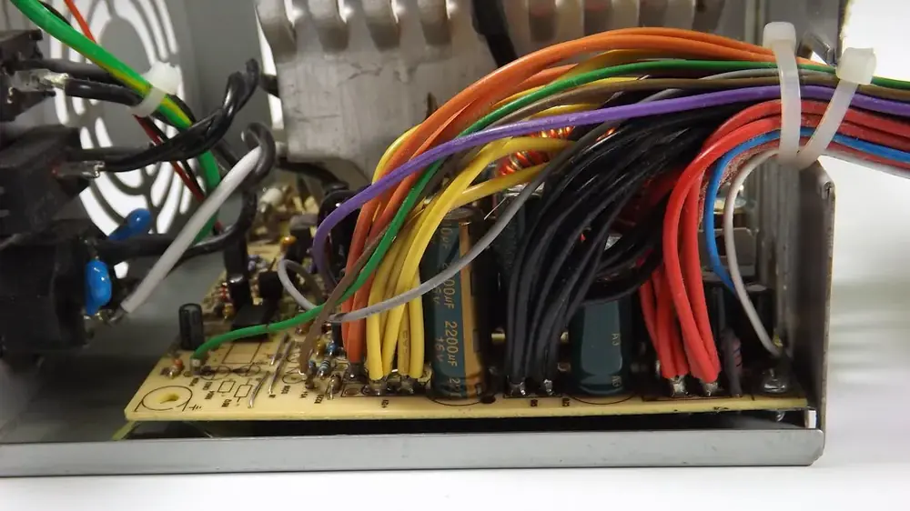 A bundle of coloured wires leaving a circuit board inside an opened power supply