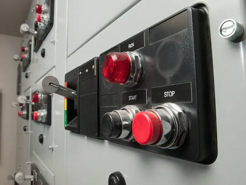 Close view of an industrial control panel with a red indicator lamp and start and stop buttons